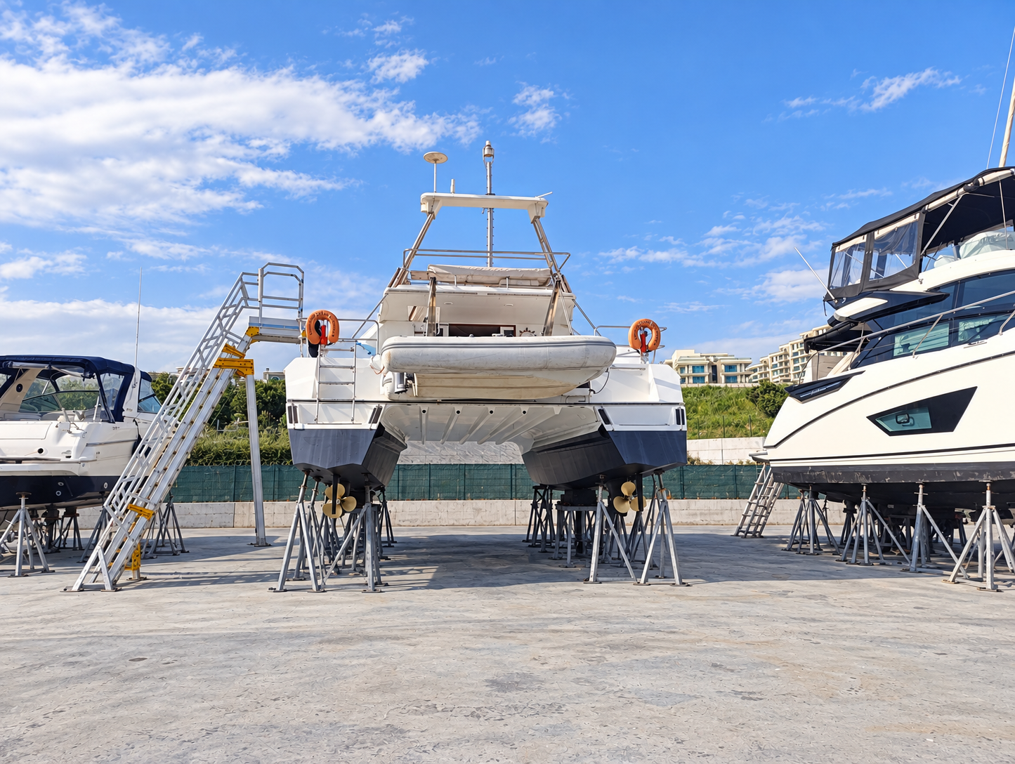Catamaran stern inspection in a yacht lifting yard