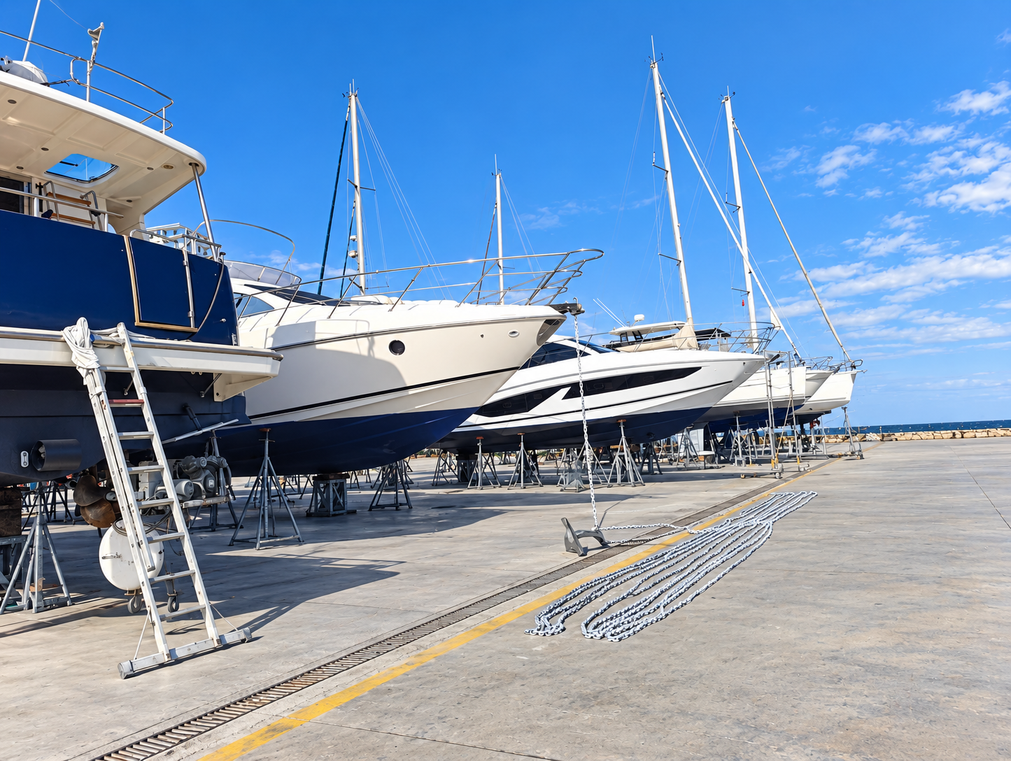 Multiple yachts in a repair yard maintenance area