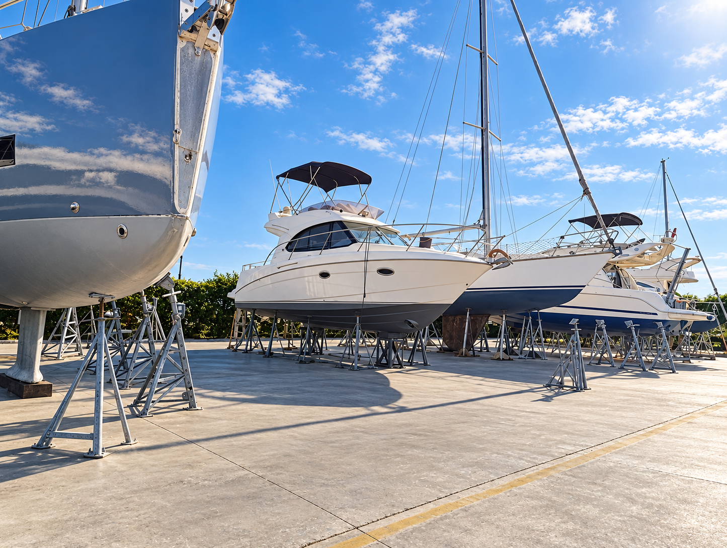 Yachts on repair stands with access ladder