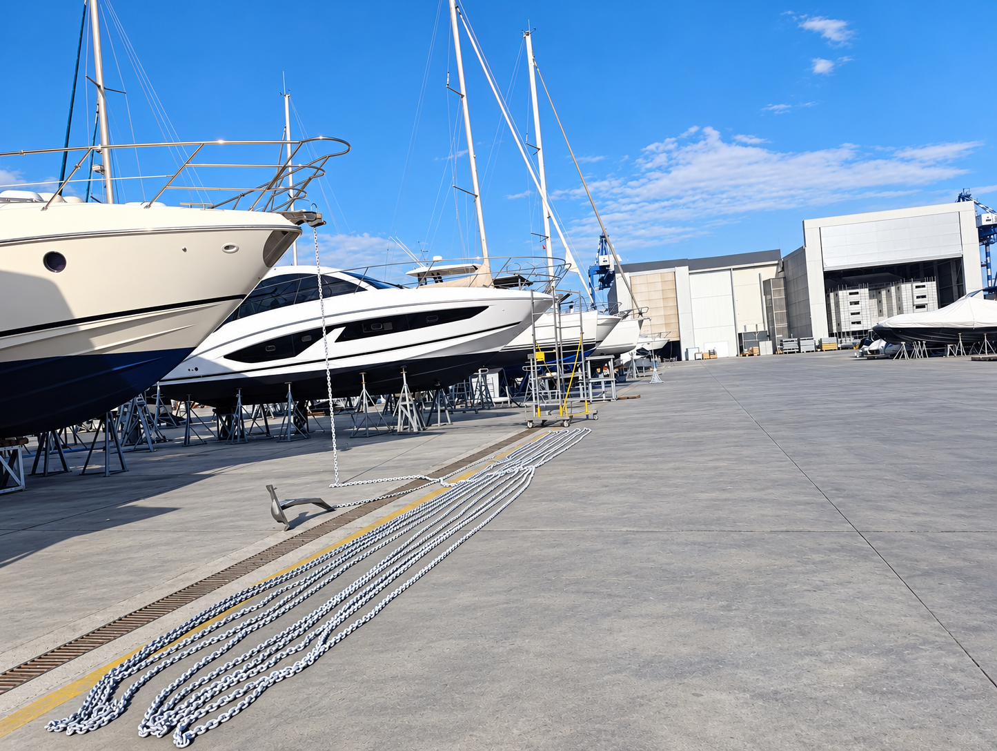 Yachts on stands during anchor chain maintenance
