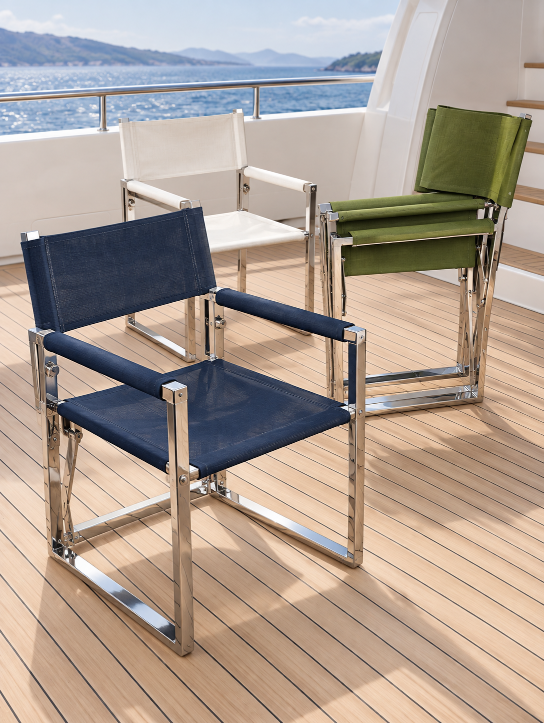 Custom-manufactured stainless steel yacht deck chairs
