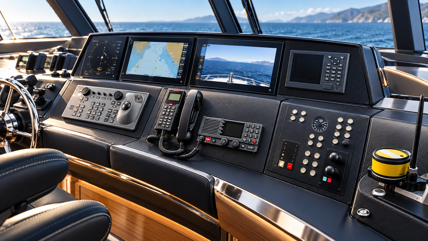Integrated radio and navigational equipment on a modern superyacht bridge