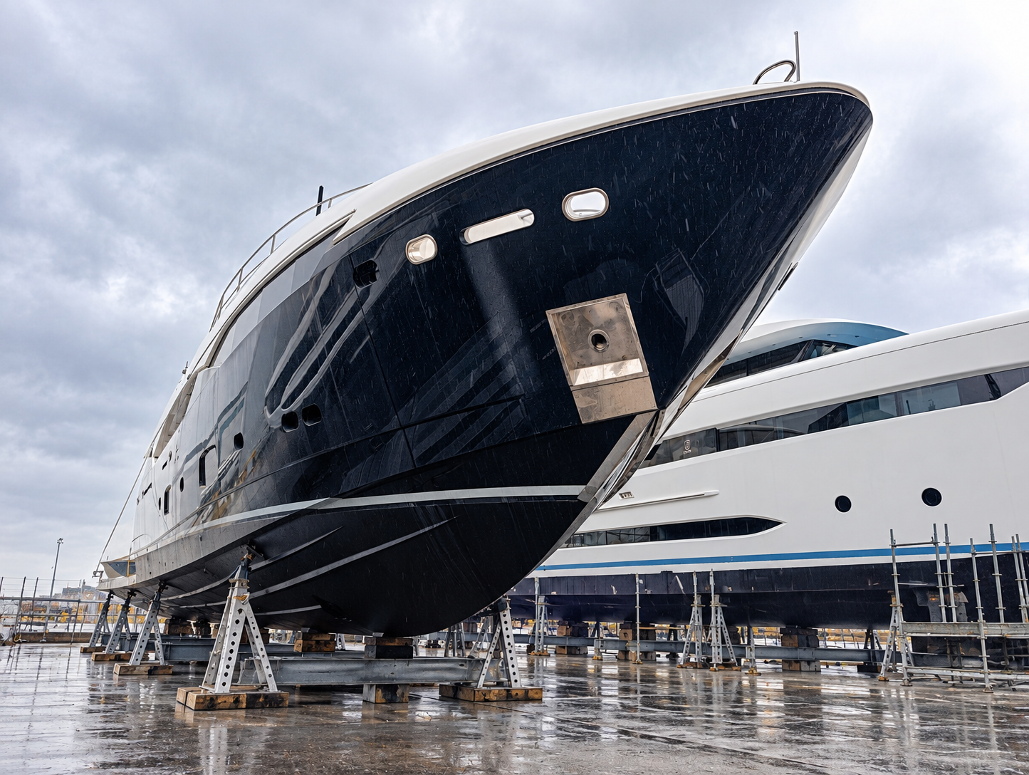 Luxury yacht bow hull dry dock inspection