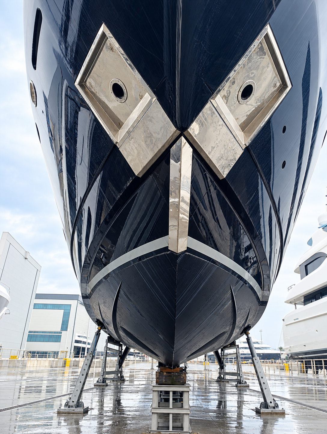 Superyacht bow underwater hull fittings