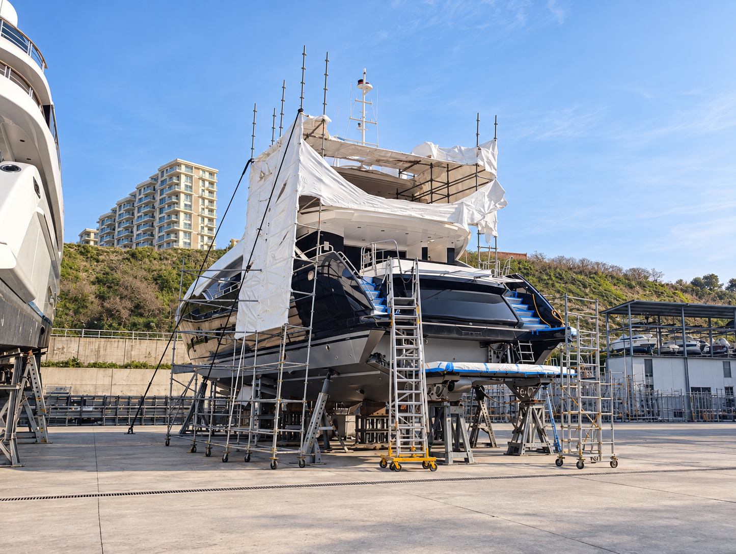Yacht underwater hull maintenance in dry dock